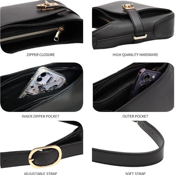 Shoulder Bag for Women Small Black Purse Mini Handbags PU Leather Underarm Bag - - Picture 4 of 6